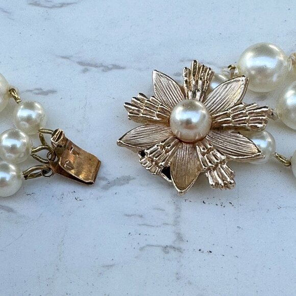 Cultured Pearl Triple Strand Necklace With 10k Gold Flower Clasp, Bridal Jewerlr - Picture 9 of 13